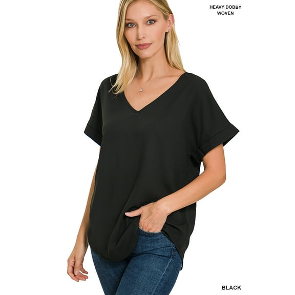 TheLovely Women & Plus Heavy Dobby V-Neck Rolled Short Sleeve Blouse Top