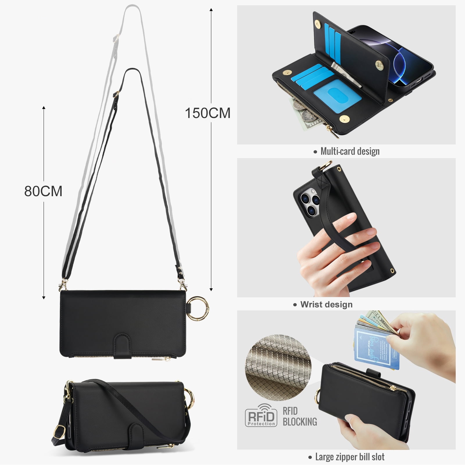 ELEHOLD For iPhone 13 Pro Max Phone Case Leather Crossbody Zipper Card Wallet Flip Case Kickstand Cover, with Ring Holder,Full Body Protection-Black