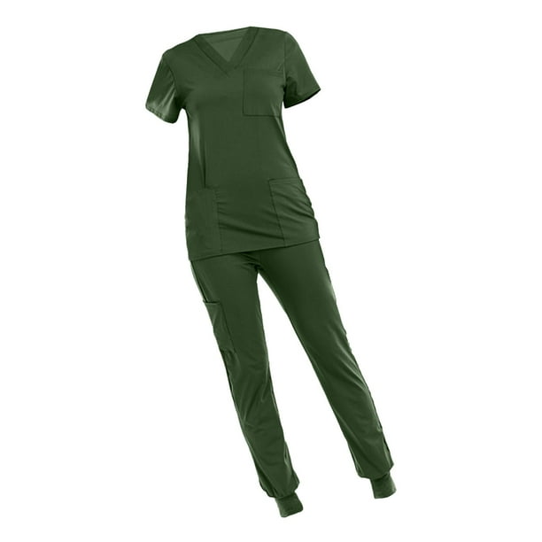 Conjunto de uniforme médico para mujer con múltiples bolsillos, cómodo y profesional, para enfermera. Verde