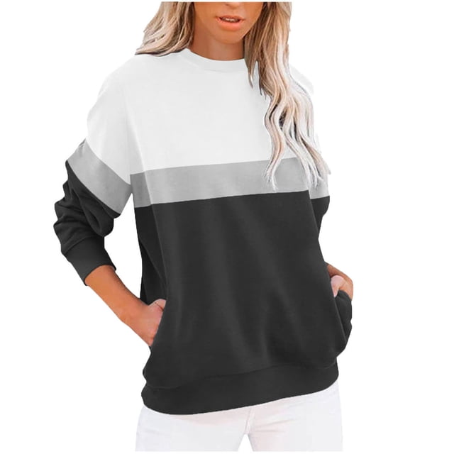 Meichang Chandails en Molleton pour Femmes Manches Longues Col Rond Décontracté Pull Mode Bloc de Couleur Chandails en Molleton Confortables Automne Pull avec Poche