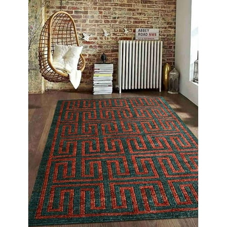 Hand Knotted Natural Rugsotic Carpets Hand Knotted Sumak Jute Eco-Friendly Natural 5'x8' Area Rug Contemporary Dark Green Rust J00032 ()
