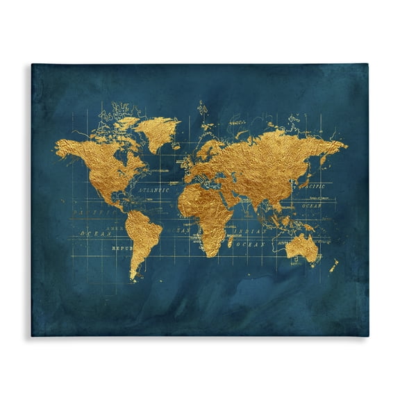 Stupell Industries Contemporary World Map Gold Blue Canvas Art, 20 x 16, by Beth Albert