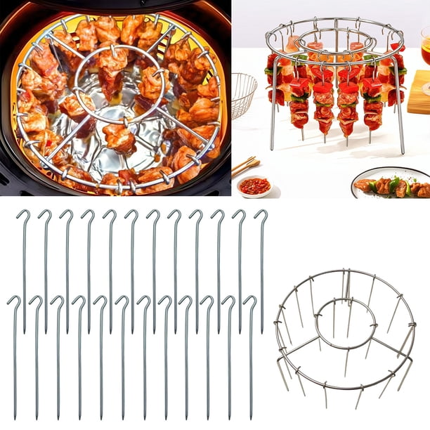 Rejilla de brochetas de parrilla colgante Air Fryer | Barra de barbacoa vertical de doble capa de acero inoxidable | Accesorios compactos para barbacoa de acero 304 de 15,5 cm | Estante multiusos