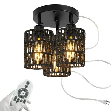 FSLiving 3-Lights Adjustable Gimbaled Light, 15ft Plug-in UL Cord by Remote, Smart Edison Bulbs Iron Canopy Rattan Black Pendant Light for Sloping Roof, Dining, Staircase, Foyer NO Wiring Needed