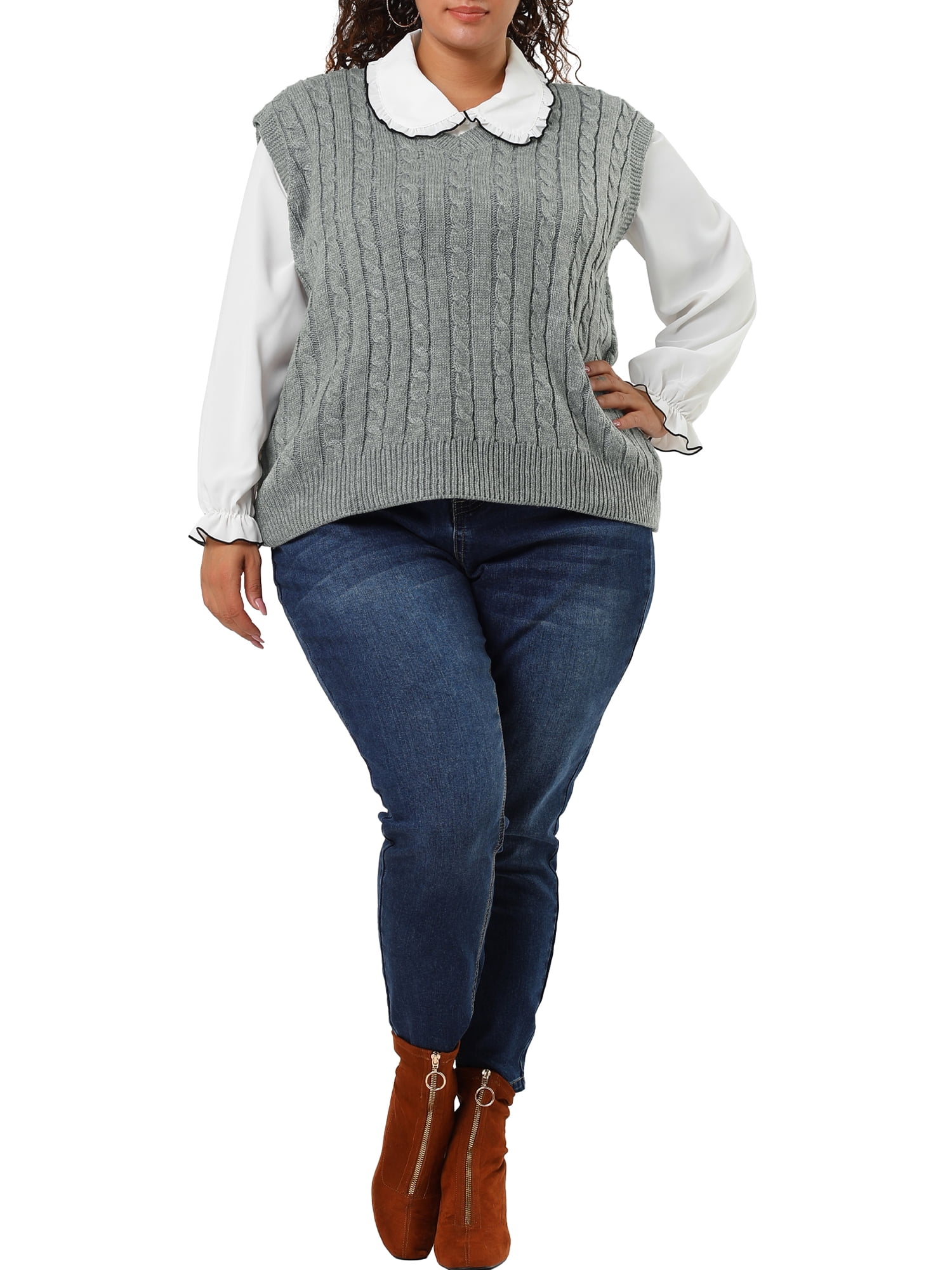 Unique Bargains Women's Plus Size V Neck Cable Knit Sweaters Tank Tops 1X Gray