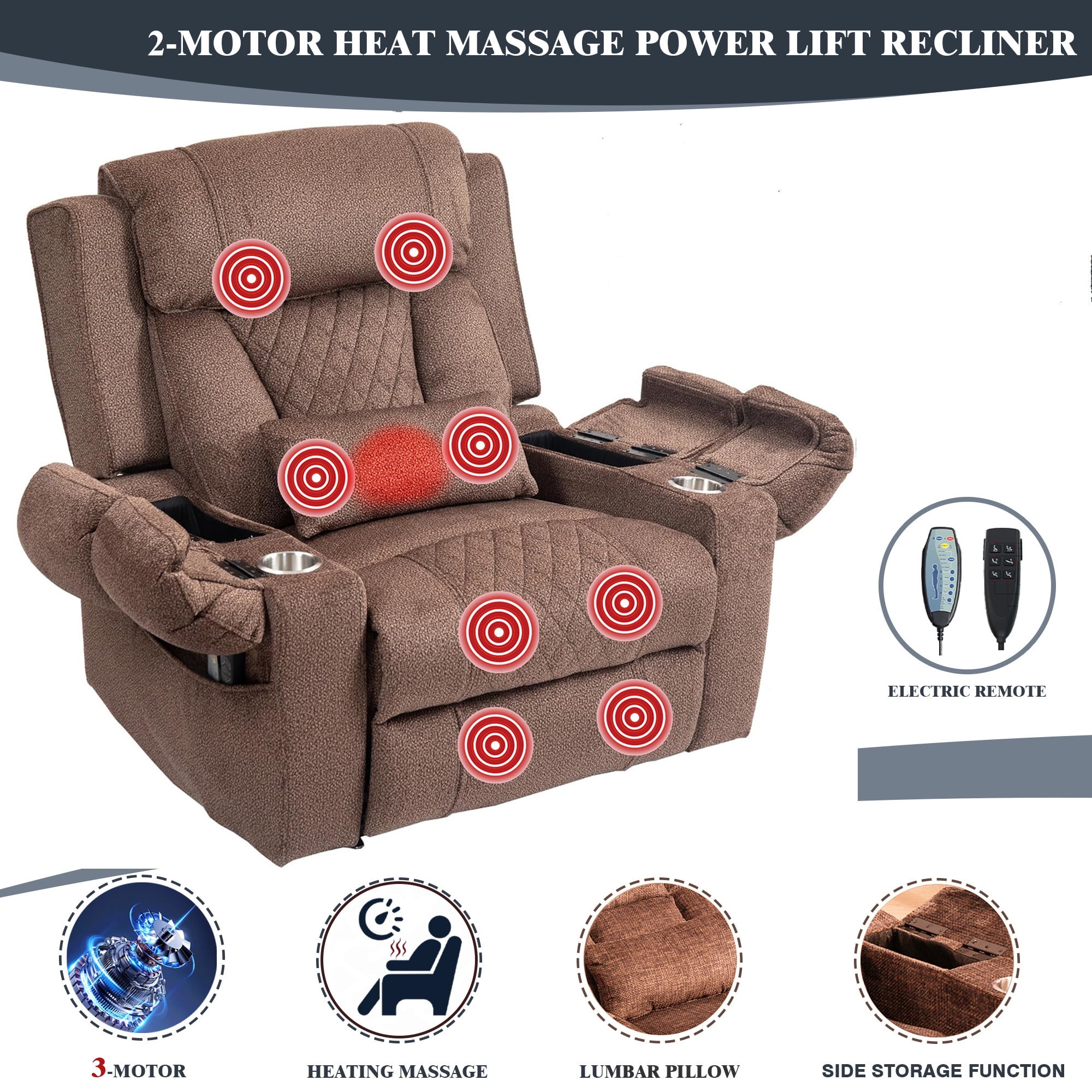 LITVZ Oversized Lift Assist Recliner Chair with Massage Heating, Extra Wide Lay Flat Recliner Chairs with Lumbar Pillow, Flip Arm Storage Cup Holders and USB Type C Charging for Elderly Sleeping