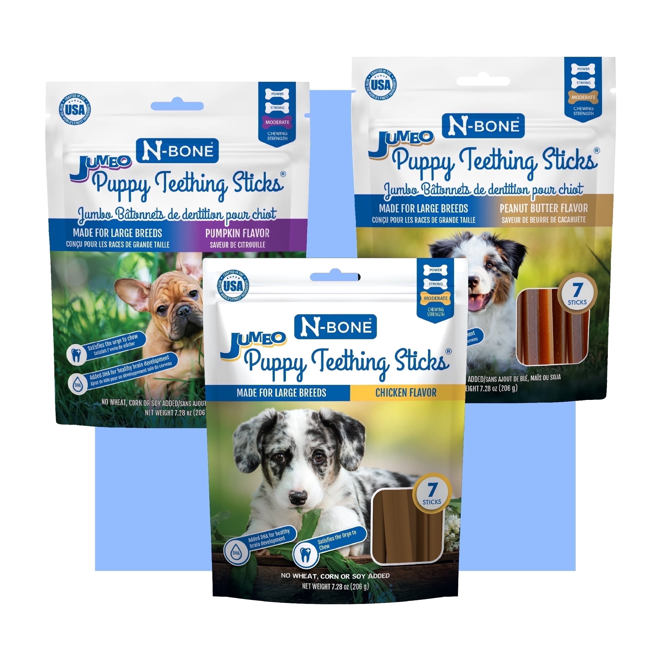 N-Bone Jumbo Puppy Teething Sticks Variety Pack, Dried Chew Sticks for Puppy Dogs, Chicken & Pumpkin & Peanut Butter Flavor, 3 bags, 21.84 orz, for Medium and Large Dogs