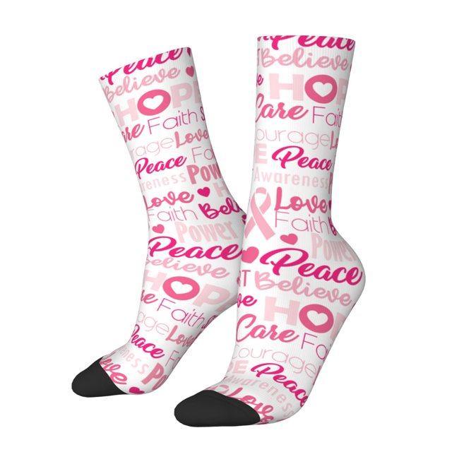 Wukai Breast Cancer Pink Ribbons Awareness (2) Print Contrast Color Mid-tube Socks, 3D Printing Design Adult Socks, High Elastic Breathable Sports Socks, Suitable for Daily,Unisex