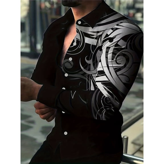 Mens Cool Graphic Long Sleeve Shirt Button Down Blouses Slim fit Vintage Tops Black L