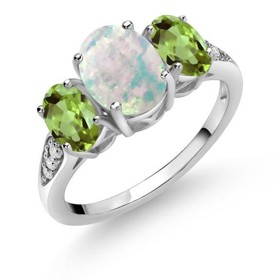 Gem Stone King 10K White Gold White Simulated Opal Green Peridot and White Lab Grown Diamond 3 Stone Engagement Ring for Women (2.04 Cttw, Gemstone Birthstone, Size 6)