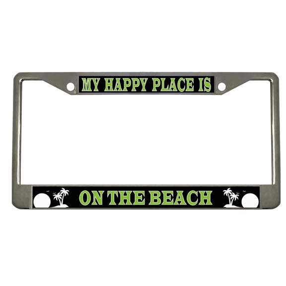 My Happy Place is on The Beach Style Metal License Plate Frame/Car Accessories Car Tag Holder Cover (Chrome/Black/Lime Green)