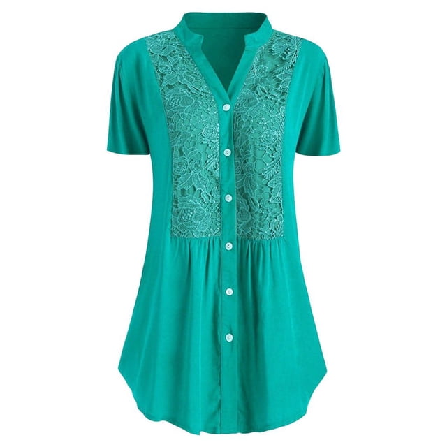 UPPADA Summer Plus Size Blouse for Women Short Sleeves V Neck Tops Solid Color Lace T Shirts Casual Button Tunic