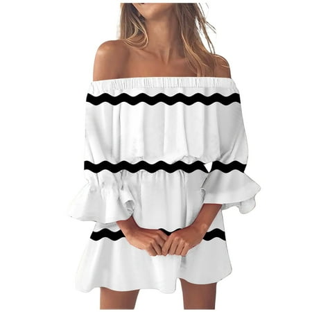 QYZEU Casual Dresses for Women 2024 Short Sleeves Striped Dresses for Women Beach Sexy Off Shoulder Tunic Loose Fit Bell Sleeve Mini Dress Knee Length Dress Hot Pink L