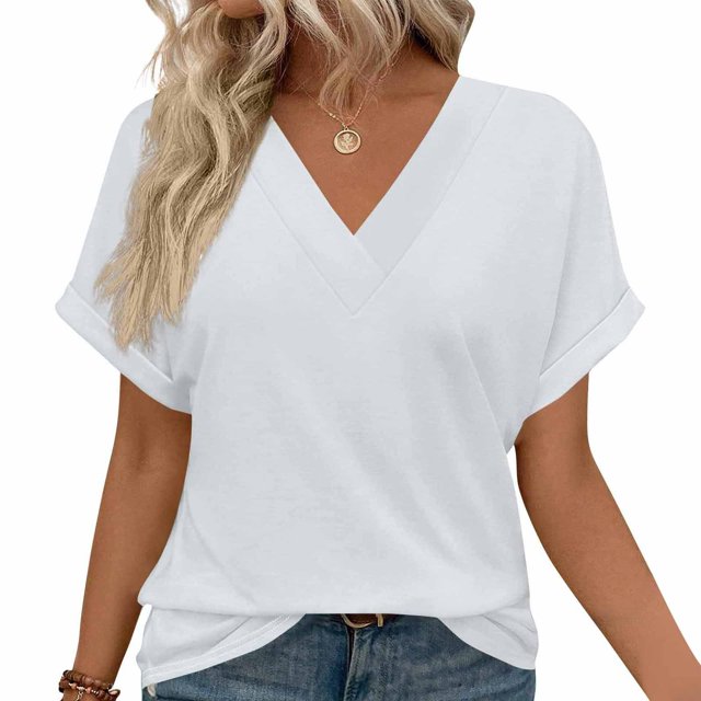 Soki Blouse Mode Femme Manches Courtes Col en V T-Shirt Tops Liquidation