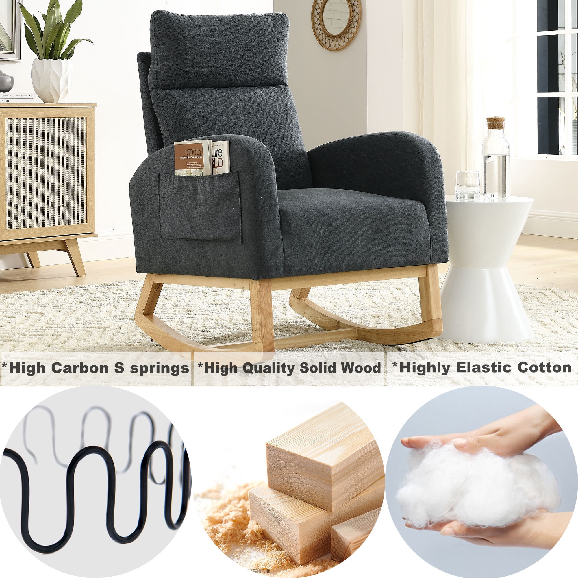 Modern Rocking Chair for Nursery,Accent Glider Chair with High Backrest & Two Side Pockets & Solid Wood Legs,Dark Gray