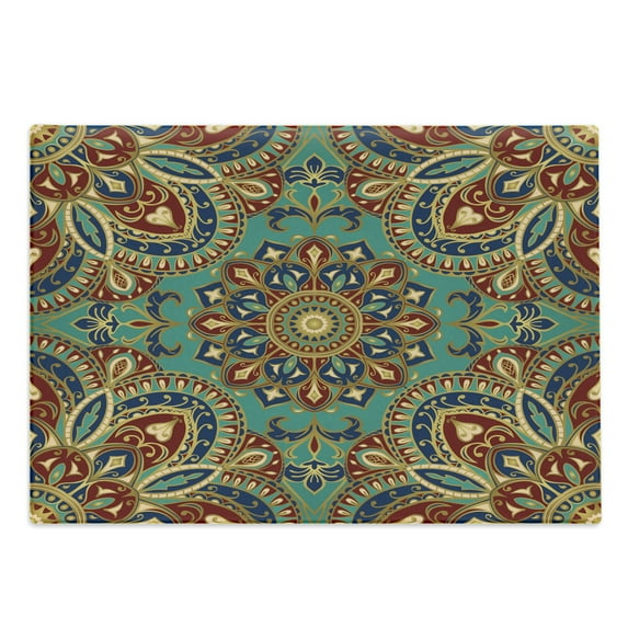 Mandala Cutting Board, Pattern Style Eastern Medieval Motifs Oriental Ethnic, Decorative Tempered Glass Cutting and Serving Board, Large Size, Teal Indigo Ruby, by Ambesonne