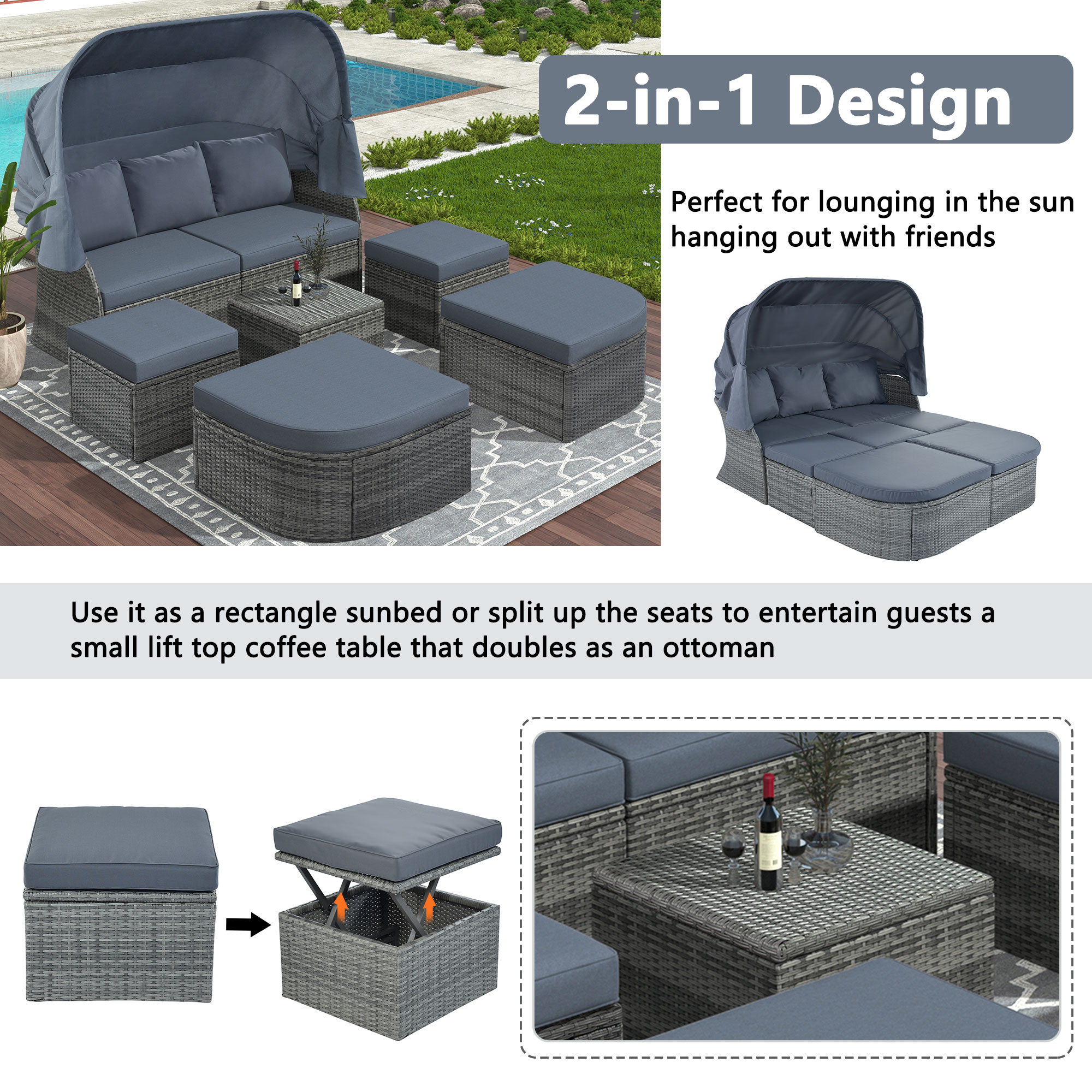 SYNGAR Outdoor Daybed with Canopy, 6 Piece PE Wicker Sectional Furniture Set with Ottomans, Rattan Conversation Sofa Set, Patio Sunbed with Cushions, for Backyard, Pool, Garden, Gray, D6940 - image 4 of 12