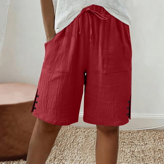 Guieoi Shorts for Women Plus Size Summer Solid-Color Loose-Fit Straight-Leg Shorts with Pockets, Side Slits, and Buttons Red 0 S