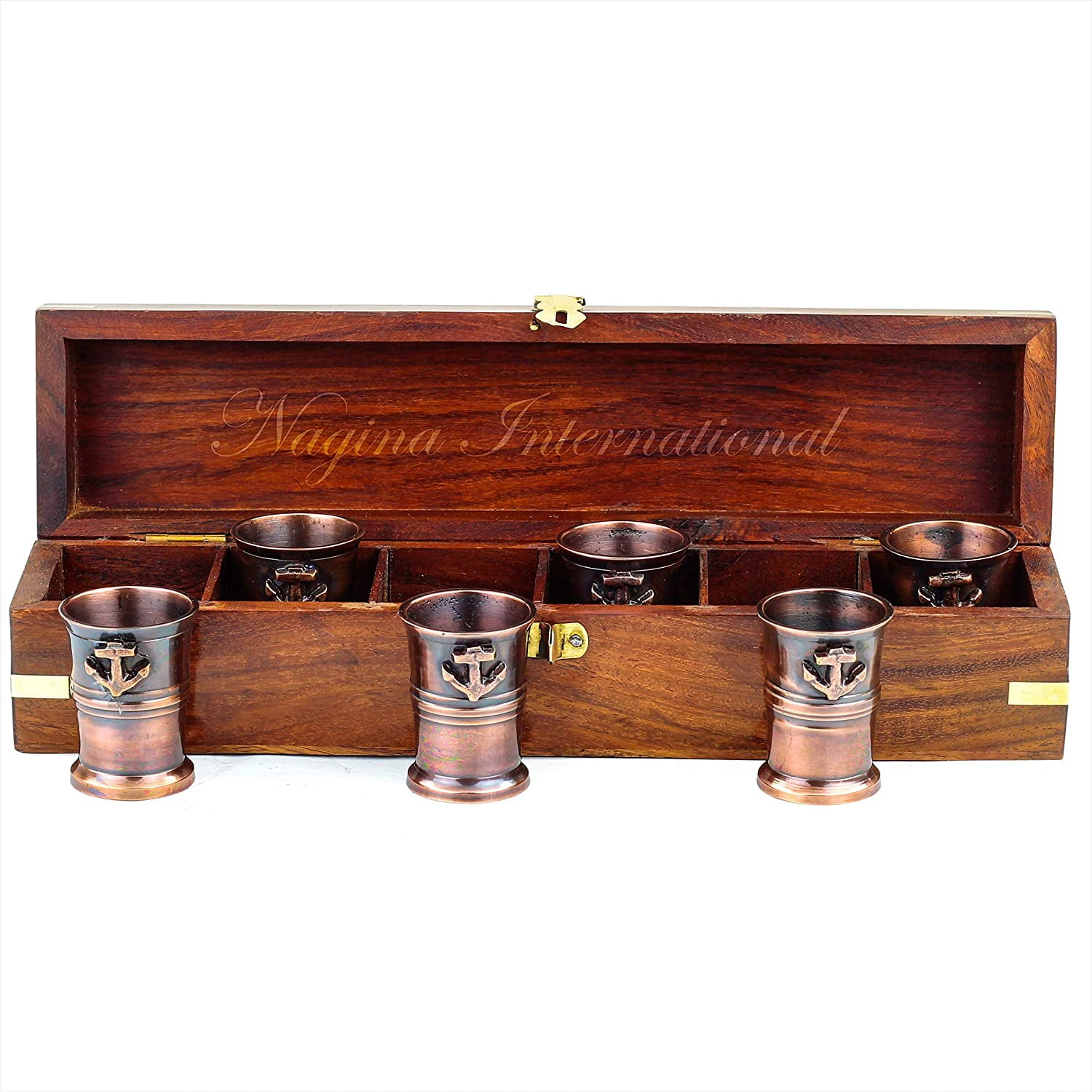 Solid Brass Wooden Maritime Nautical Liquor Shot Glasses Set w Wooden Box 