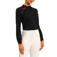 thumbnail image 4 of MODA NOVA Juniors Elegant Stand Collar Long Sleeve Lace Panel Blouse Top Black L, 4 of 5