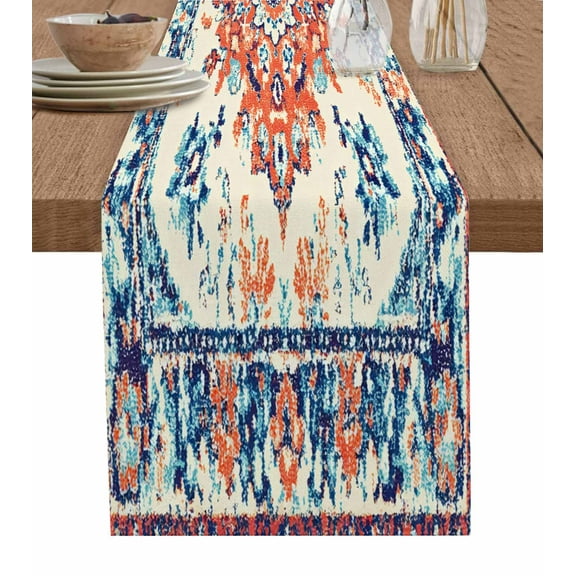 Orange Blue Boho Table Runner-Cotton Linen- 120 Inch Holiday Dresser Scarves, Vintage Tribal Floral Ethnic Western Tablerunner for Kitchen Coffee/Dining Bedroom Living Room Dinner Scarf Décor 13x120