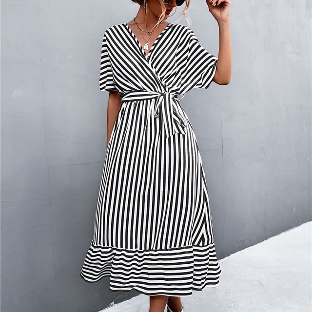 Fshaion Robe d'Été pour Femmes 2024 Grande Taille Couleur Volant Élégante Ample Manches Courtes Col Rond Robe Liquidation Moins de 10!