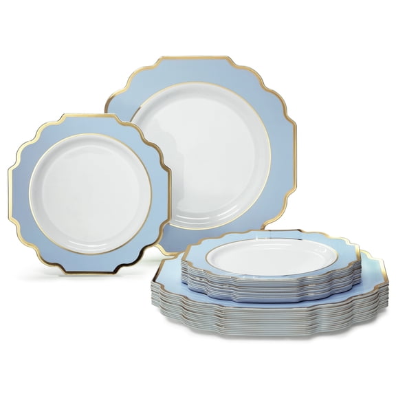 " OCCASIONS " 50 Plates Pack (25 Guests)-Heavyweight Wedding Party Disposable Plastic Plate Set -(25x10.5'' Dinner 25x8'' Salad/dessert (Imperial in White/Blue & Gold)