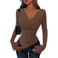 thumbnail image 3 of Women'S Long Sleeve Draped Neck Shirts Slim Fit Going Out Y2k Tops Blouses Fall Outfits Fashion Clothes Dark Brown XXL, 3 of 9