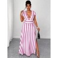 thumbnail image 4 of Plus Size Womens Pink And White Striped Deep V-Neck Cap Sleeve Maxi Dress With Waist Tie, 4 of 7