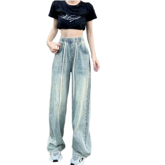 Guluxicc Women's Jeans Baggy Stretch Wide Leg High Rise Denim Pants Drawstring Elastic Waist Pants