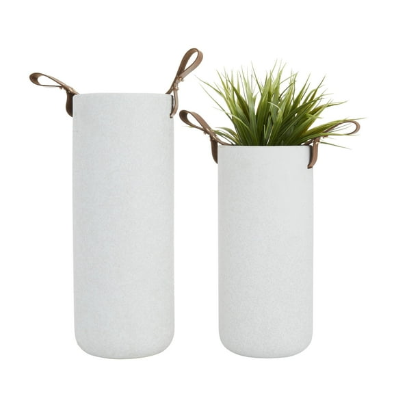 CosmoLiving by Cosmopolitan 15", 12"H White Ceramic Vase with Leather Handles, Set of 2
