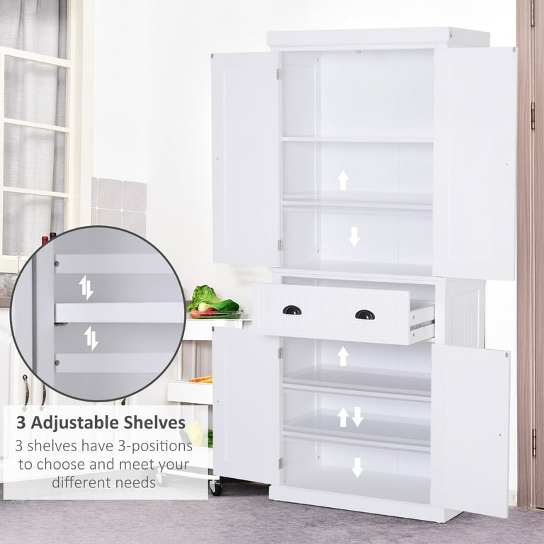 HOMCOM Traditional Freestanding Kitchen Pantry Cabinet Cupboard with Doors and Shelves Adjustable Shelving White