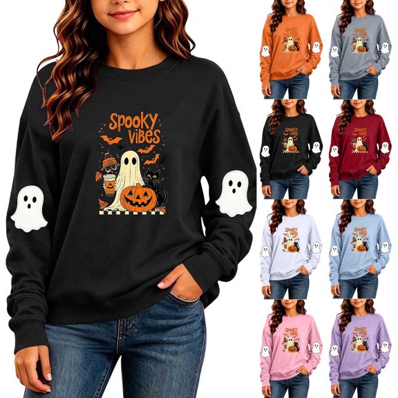 Frostluinai Halloween Girls Sweatshirt Cute Ghost Pumpkin Print Long Sleeve Fall Top Crewneck Lightweight Pullover 5-15 Years