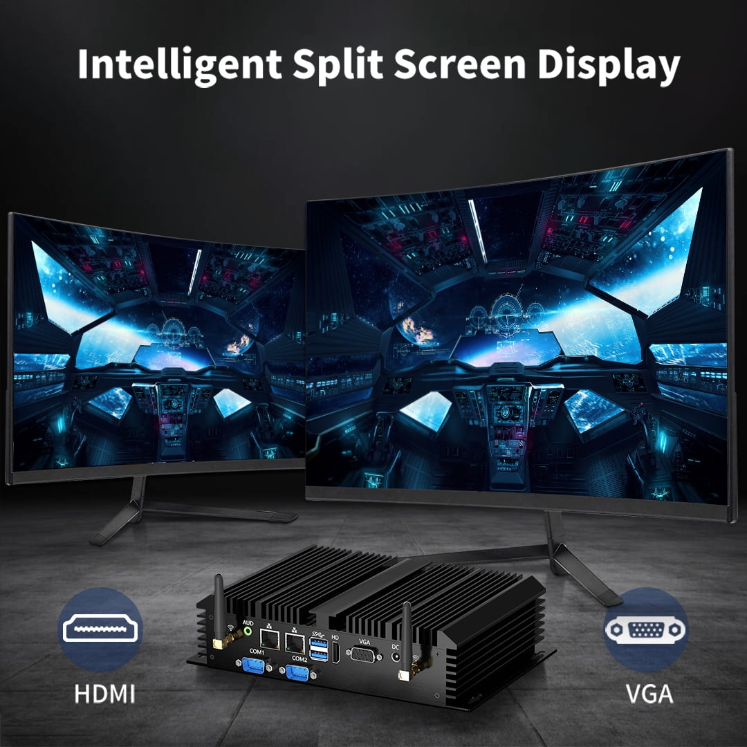Fanless Mini Industrial PC, Desktop Computer Core i3-5005U Windows 10 Pro, 8GB RAM 128GB SSD, 2xNICs, 2*COM RS232, 4xUSB3.0, Dula-Band WiFi, HDMI/VGA Ports, Gigabit LAN, Auto Power On