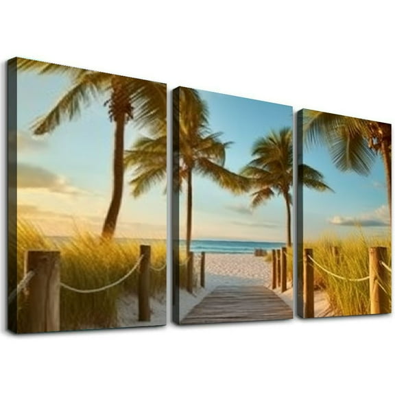 Ullo0ord Beach Coastal Canvas Wall Art: Ocean Seaside Seascape Artwork Tropical Palm Tree Scene Painting Print Sea Boardwalk View Picture Decor for Bedroom Living Room  12x16x3pcs