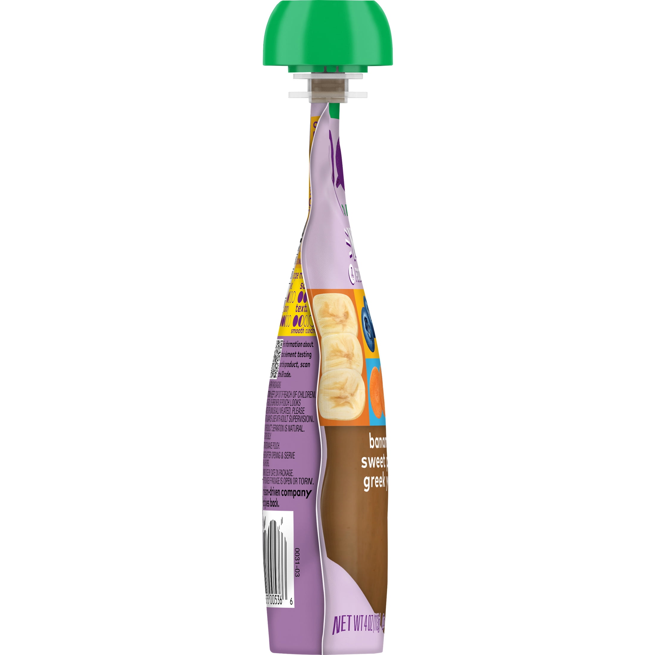 (4 pack) Plum Organics® Tots Mighty 4 Food Group Blend Banana, Blueberry, Sweet Potato, Carrot, Greek Yogurt + Millet 4oz Pouch