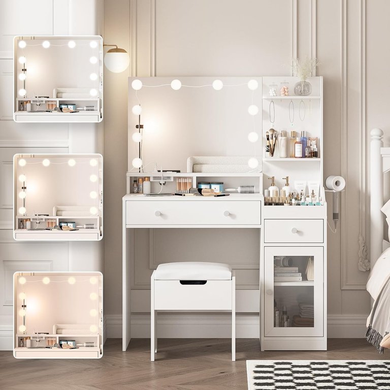 Tavolo Da Trucco Vabches Con Specchio LED E Sgabello - 3 Tonalità Luce, 10 Lampadine, 2 Cassetti, Prese USB E Ricarica - Design Bianco E Oro - 2