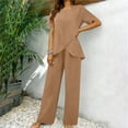 thumbnail image 4 of gbyLJF Women's Summer Outfits 2 Piece Matching Casual Sets Short Sleeve T-shirts with Irregular Hem and Wide Leg Pant Set, 4 of 9