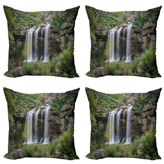Ambesonne Nature Throw Pillow Cover 4 Pack, Waterfall Forest Sicily, 18", Brown Green White