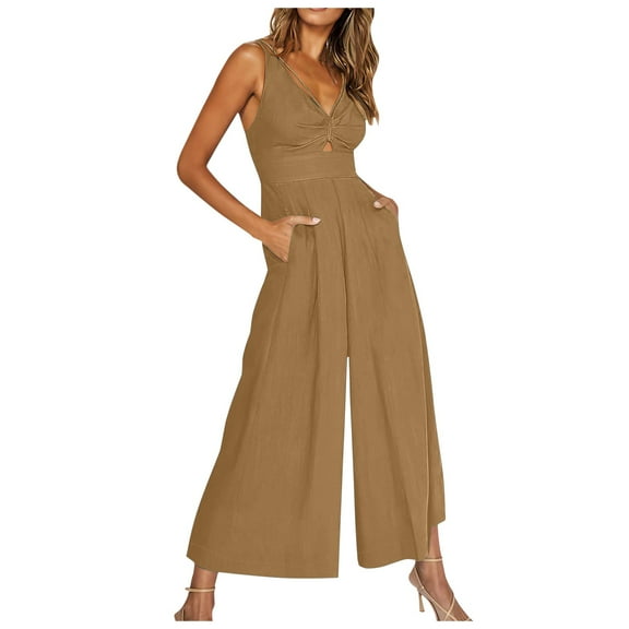Riforla Summer Sling V Neck Hollow Pleated High Waist Wide Leg Ladies Jumpsuit Casual Jumpsuits for Women Summer Khaki L
