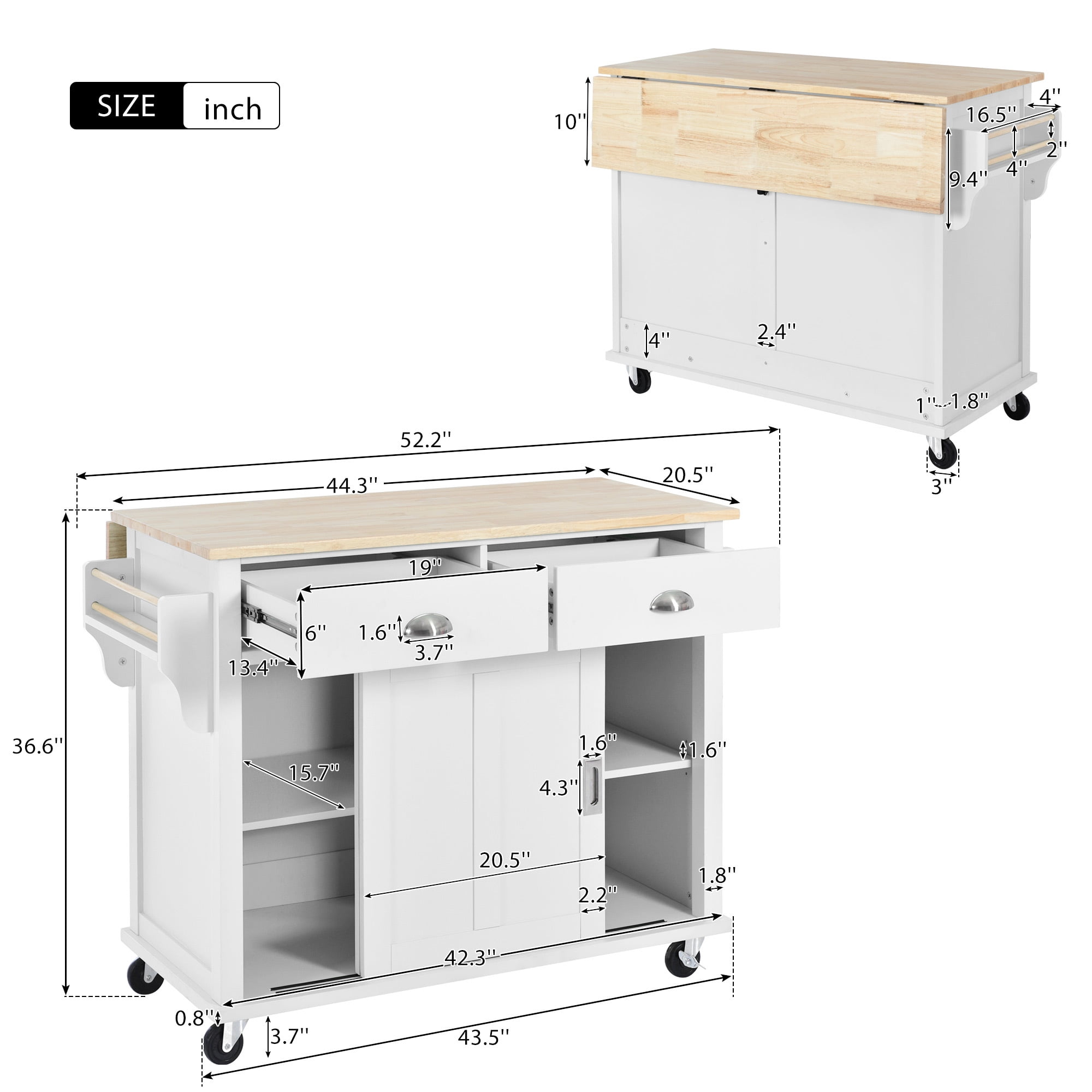 Momspeace 52.2 Inch Kitchen Cart Rubber Wood Drop‑Leaf Countertop Concealed Sliding Barn Door Adjustable Height, MDF Material, White/Black/Mint Green