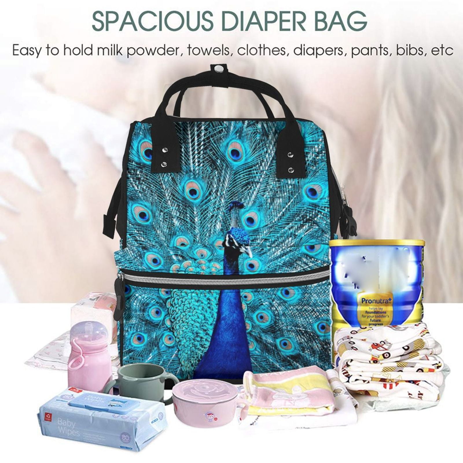 Ratiio Beautiful Blue Peacock Mummy Backpack - Waterproof Twill Canvas, Large Capacity Diaper Bag with Multiple Pockets and Adjustable Straps