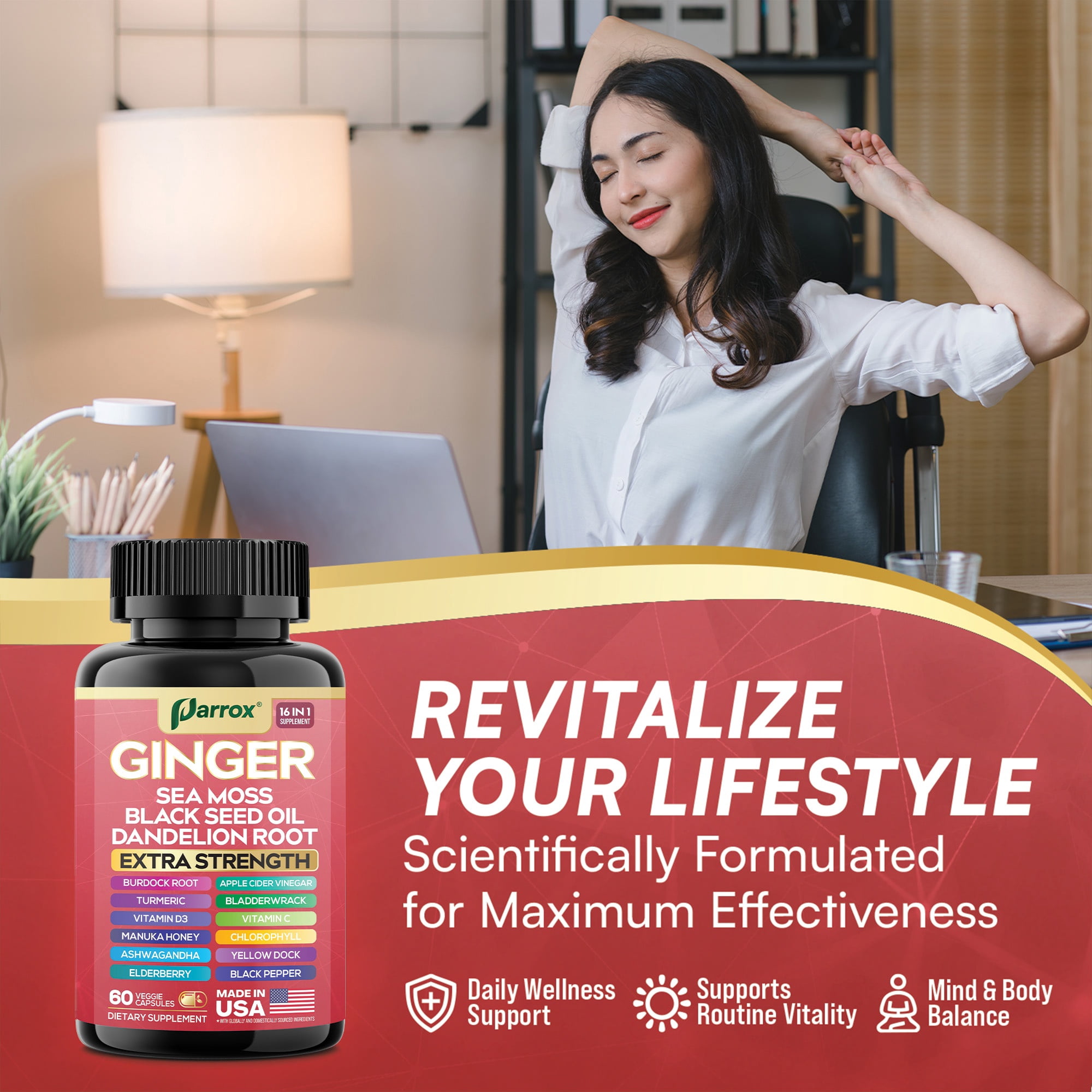 Ginger Black Seed Oil Ashwagandha Turmeric Bladderwrack Burdock Sea Moss Vitamin C Vitamin D3 Elderberry Manuka Honey Dandelion Yellow Dock Chlorophyll ACV Apple Cider Vinegar – 60 Capsules