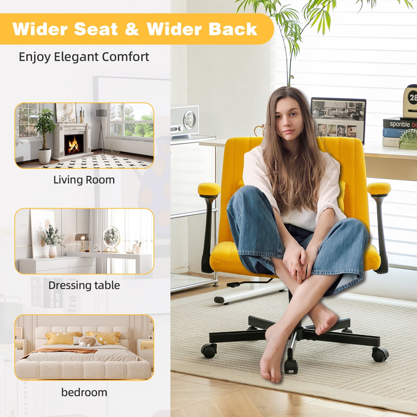 Office Chair, Desk Chair, Ergonomic Chair with Armrests & Wheels, Adjustable Height Swivel & Tilt Cross Back Desk Chair for Home Office Work & Study, Yellow