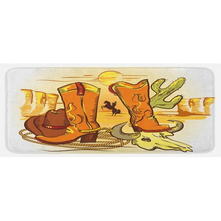 

Western Kitchen Mat Illustration Old Wild West Elements Rope Shoes and Image of Cowboy Print Plush Decorative Kitchen Mat with Non Slip Backing 47 X 19 Yellow Orange by Ambesonne