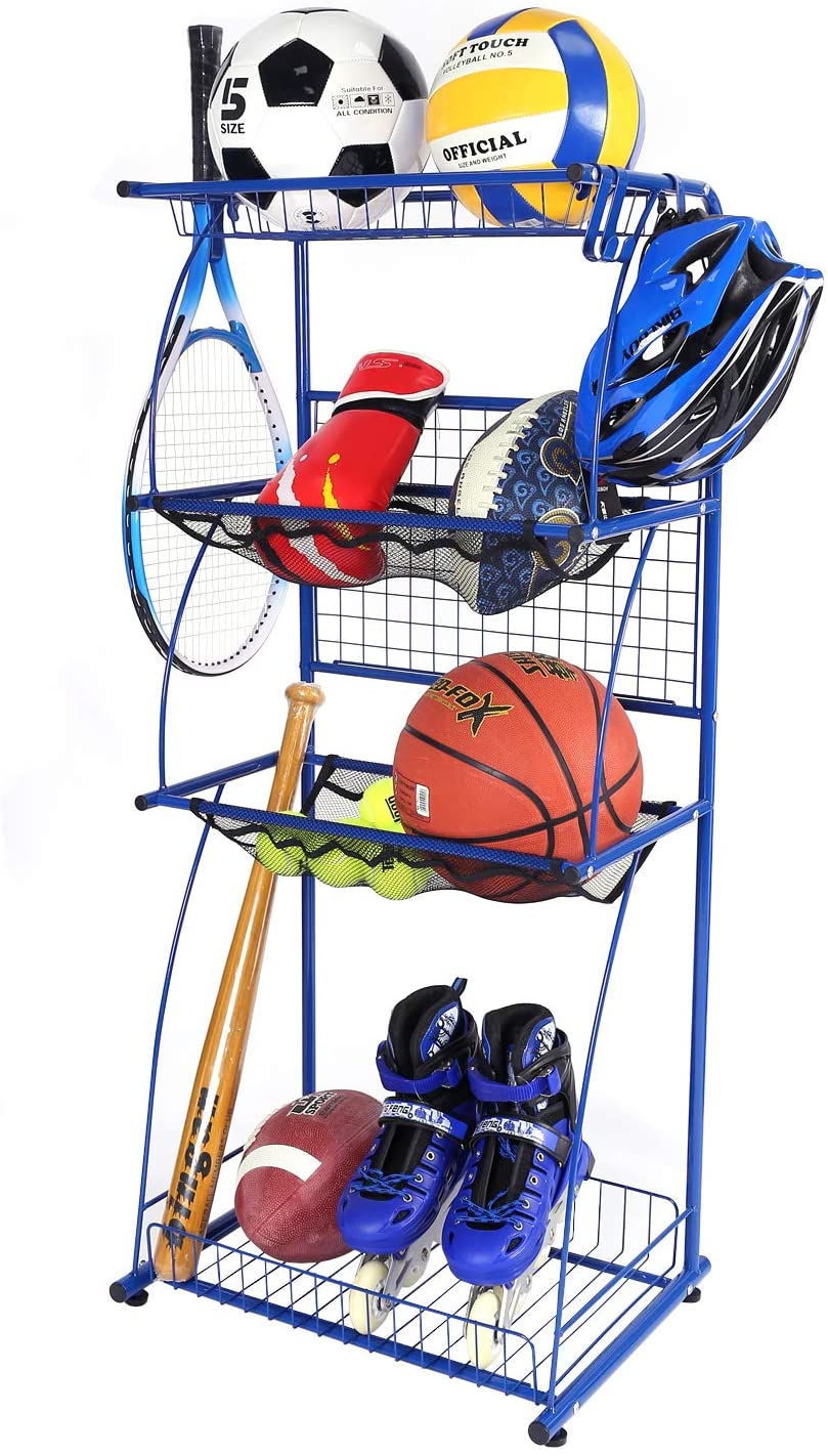 Garage Sports Equipment Organizer Ball Storage Garage with Baskets and Hooks Rolling Sports Equipment Storage Cart with Wheels Basketball Racks WEYIMILA Sports Storage Organizer for Garage