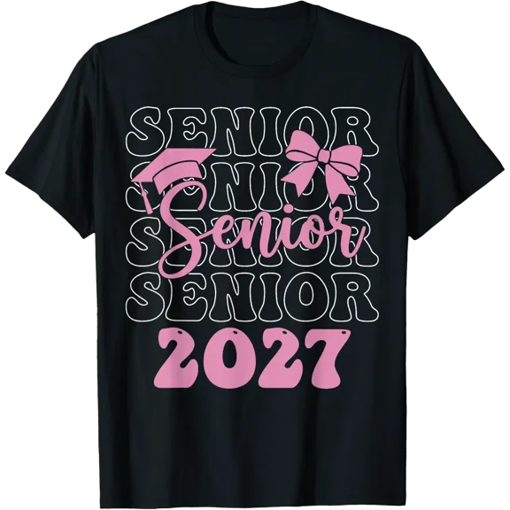 Senior 2027 Girls Class Of 2027 Graduation Pink Bow T-Shirt Size S-5XL