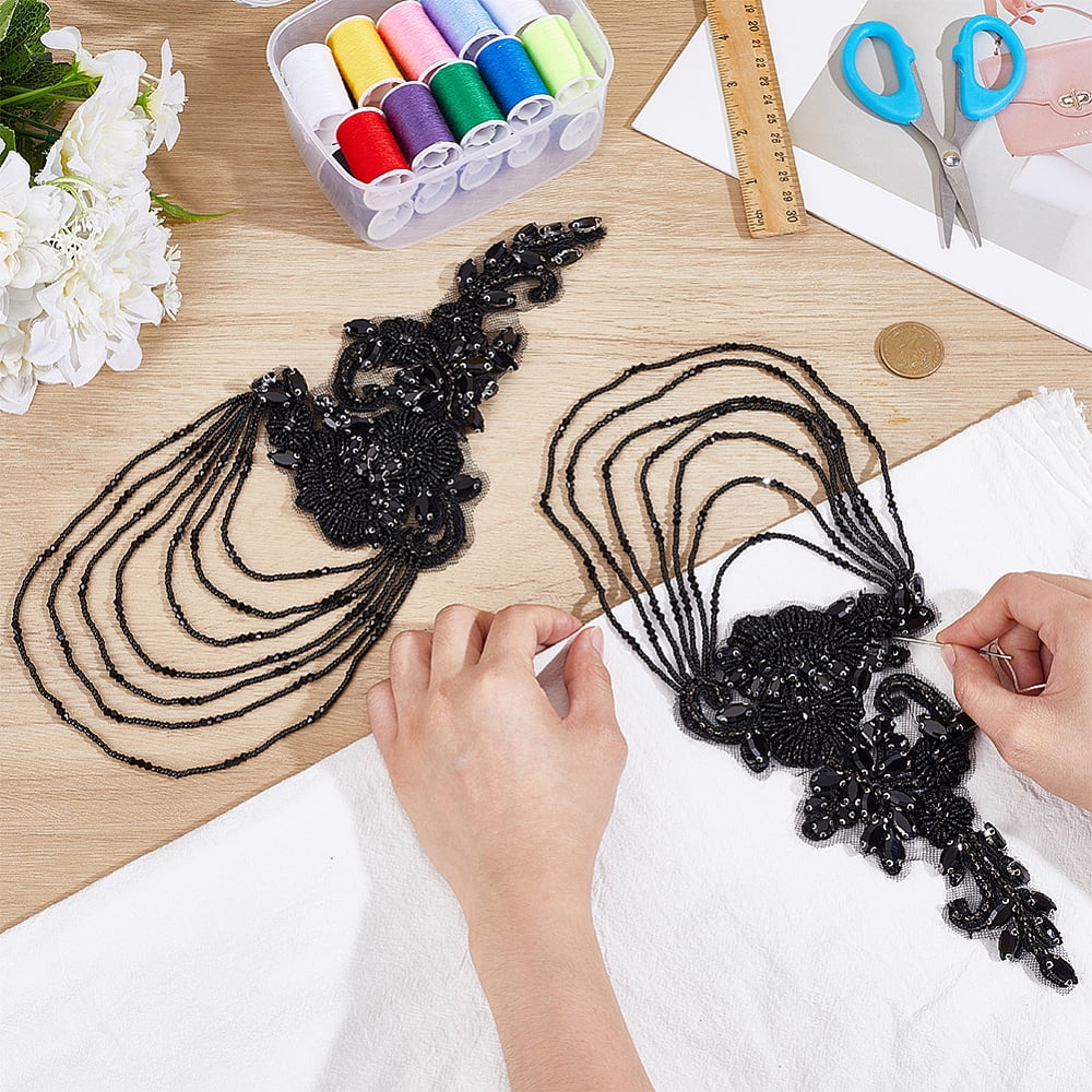1Pair Rhinestone Sewing Ornaments with Glass Seed Beads Flower Black 325x120x5.5mm