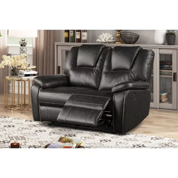 Living Room Power Reclining Loveseat with USB Ports, Leather Upholstered 2 Seater Sofa Couch, Black