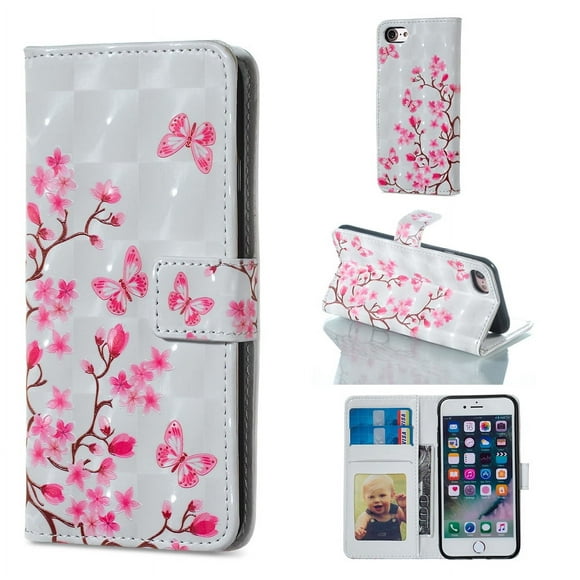 iPhone 7 Case Wallet, iPhone 8 Case, Allytech 3D Emboss Leather Flip Protective Case Cover & Credit Card Slots Pocket, Support Kickstand Slim Case for Apple iPhone 7 8 (Flower Butterfly)